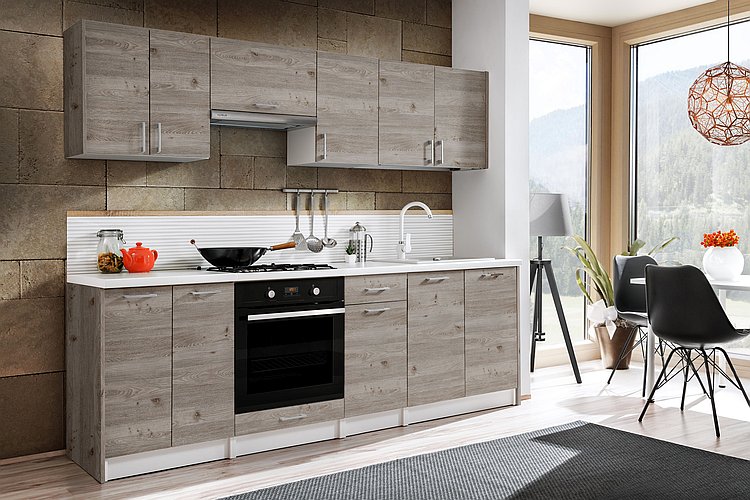 Küchenzeile Einbauküche Eco 240 cm Hochglanz o. Holzdekor, mit Geschirrtrockner